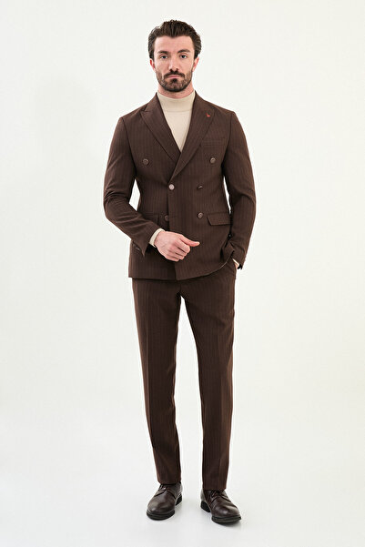 Mcr Striped Slim Fit Wide Collar Double Breasted Metal Button Men's Suit Coffee - 45408.25K
