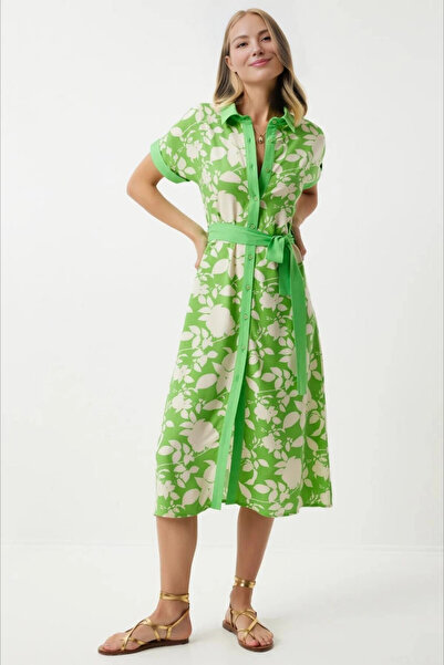 hazelin Πράσινο κρεμ φλοράλ στάμπα καλοκαιρινό φόρεμα βισκόζης με φύλλα και κουμπιά HZL24S-BD 124551