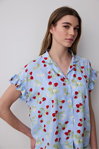 Penti Strawberries Gömlek Şort Açık Mavi Pijama Takımı