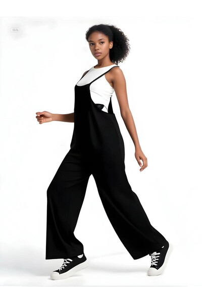 hazelin Women's Black Adjustable Strap Wide Leg Gardener Overalls with Pockets Hzl22S-Bd170191