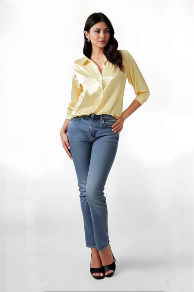hazelin Women's Light Yellow Lightweight Flowy Satin Surface Shirt Hzl22W-Bd139641