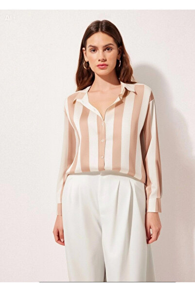 hazelin Women's Beige Cream Striped Satin Shirt Hzl23S-Bd1201731