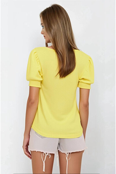 hazelin Women's Yellow Square Collar Knitted Blouse HZL22W-BD104091