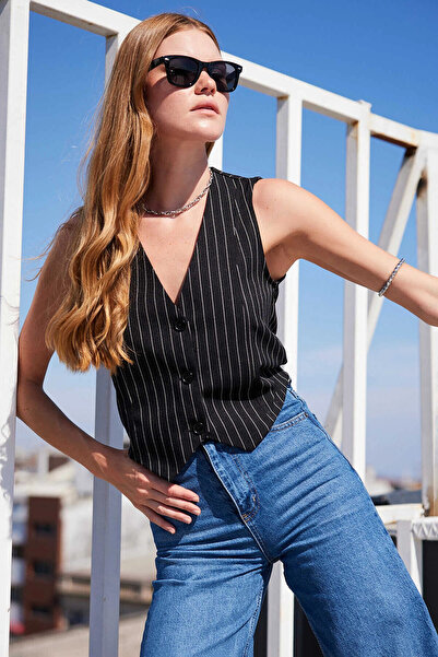 hazelin Чорний жіночий жилет у смужку - на ґудзиках, без підкладки, тканий HZ...