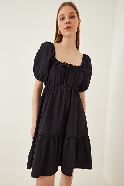 hazelin Γυναικείο μαύρο φόρεμα από ποπλίνα με ελαστική μέση με κορδόνι HZL22S-BD123511