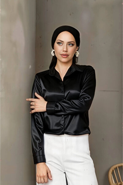 hazelin Μαύρο σατέν πουκάμισο για γυναίκες - Ελαφρύ, ντραπέ, χιτζάμπ, μικρό και μεγάλο μέγεθος HZL25W-BD 139641
