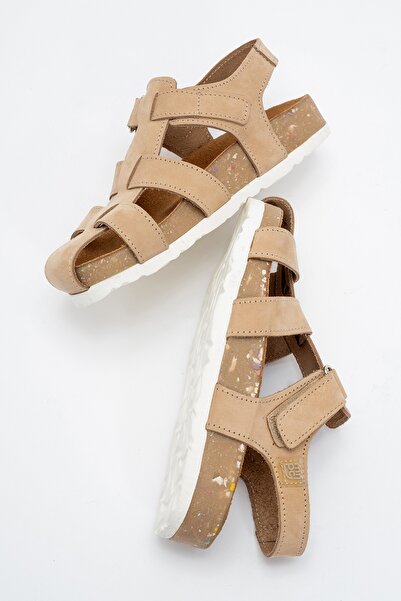 mnpc Unisex Kids Beige Genuine Leather Cork Sole Daily Kids Sandals