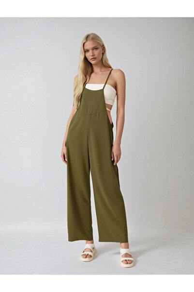 hazelin Women's Khaki Adjustable Strap Pocketed Wide Leg Gardener Overalls Hzl22S-Bd170191