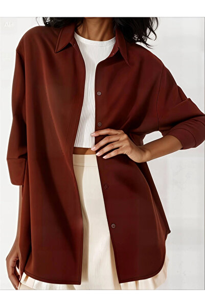 hazelin Γυναικείο Καφέ Oversize Μακρύ Βασικό Πουκάμισο Hzl22w-bd 139001