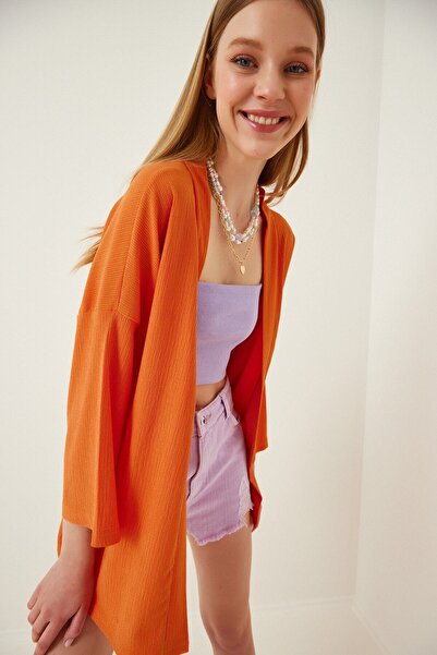 hazelin Women's Orange Open Front Layered Collar Textured Seasonal Jacket Hzl22S-Bd158621
