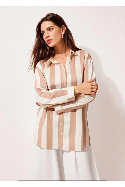hazelin Women's Beige Cream Striped Satin Shirt Hzl23S-Bd1201731