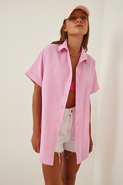 hazelin Women's Pink Oversize Long Short Sleeve Basic Poplin Shirt Hzl22S-Bd1201201