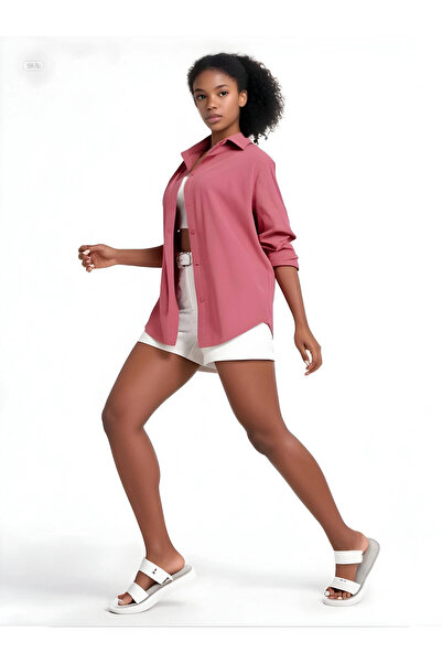 hazelin Γυναικείο μακρύ βασικό πουκάμισο σε σκούρο χρώμα Dusty Rose Oversize HZL22W-BD139001