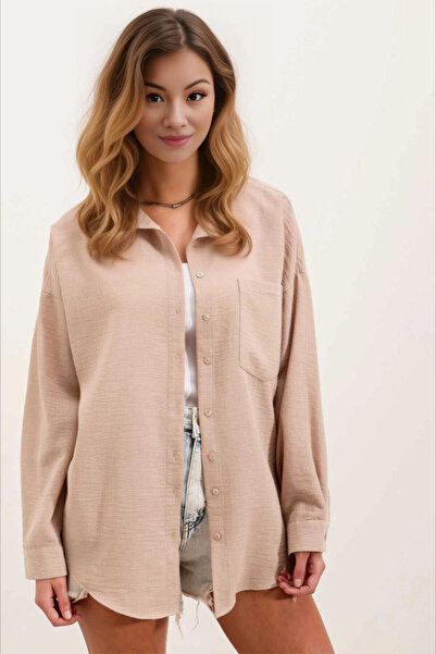 hazelin Oversize Linen Women's Shirt - Single Pocket, Biscuit Color HZL24S-BD1201531