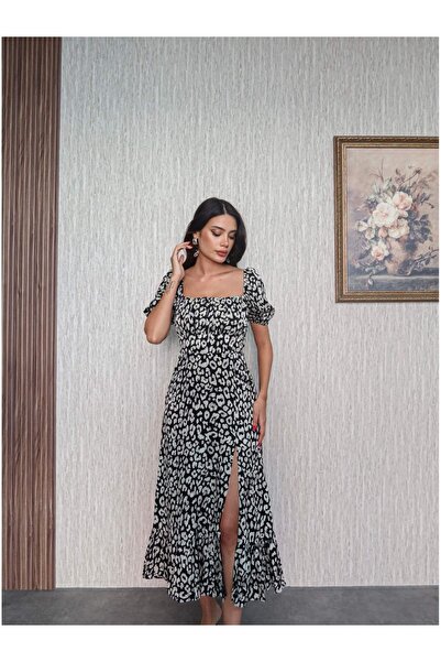 ESRAHELVACI Kare Yaka Saten Karışımlı Yırtmaçlı Elbise