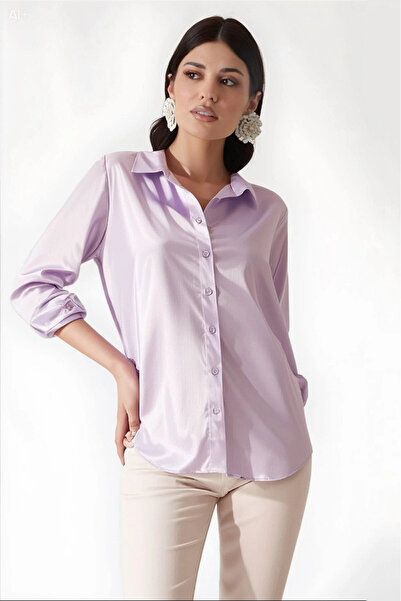 hazelin Women's Light Lilac Light Flowy Satin Surface Shirt Hzl22W-Bd139641