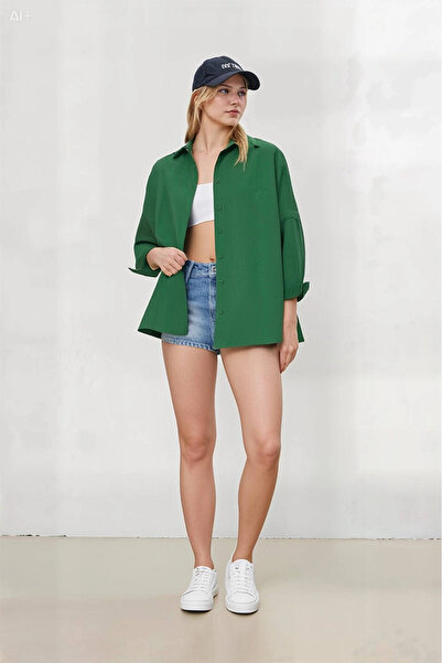 hazelin Γυναικείο Σμαραγδένιο Πράσινο Oversize Μακρύ Βασικό Πουκάμισο HZL22W-BD139001