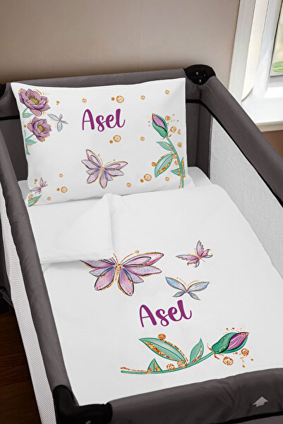 Homamia Isme Özel 75x120 Park Yatak Beşik Nevresim Takımı Mor Kelebekler