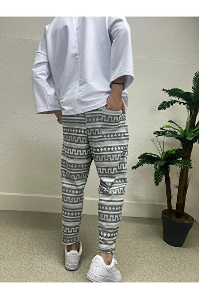 hazelin Men's Ecru Ethnic Pattern Waist Rope Tie Straight Cut Pocket Pants Sweatpants HZL24S-MXC8948-245