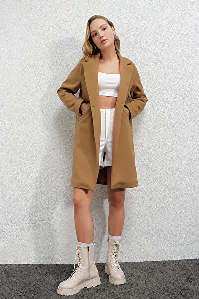 hazelin Women's Mustard Single Button Double Pocket Lined Stylish Cashmere Coat Hzl23W-Bd190851