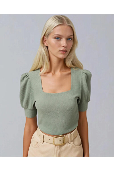 hazelin Γυναικεία πλεκτή μπλούζα με τετράγωνο γιακά σε πράσινο χρώμα HZL22W-BD104091