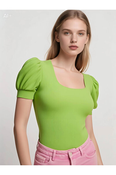 hazelin Γυναικεία πλεκτή μπλούζα με τετράγωνο γιακά σε πράσινο χρώμα φιστίκι HZL22W-BD104091