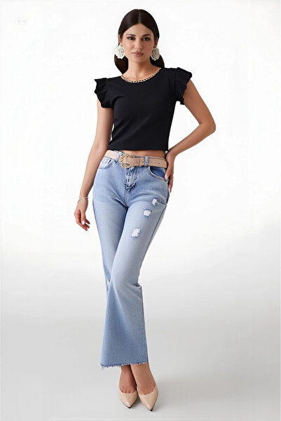 hazelin Γυναικεία πλεκτή μπλούζα με μαύρο βολάν με αλυσίδα HZL22S-BD104301