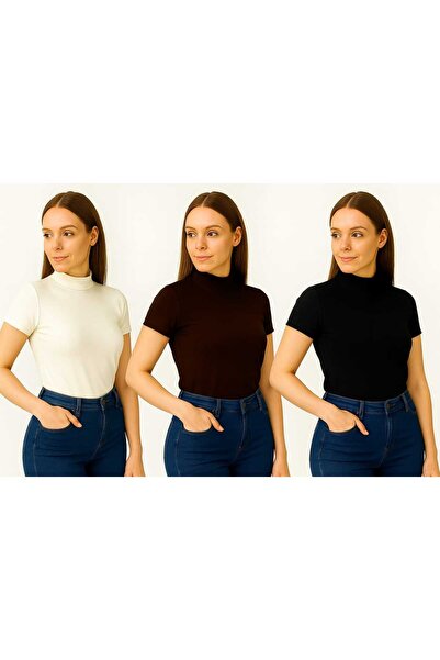 ingegno Body Short Sleeve Half Turtleneck Viscose Badi 3 Piece Black, White, Light Brown Color