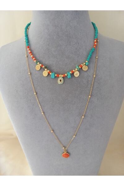 İPAR AKSESUAR قلادة بلح البحر بسلسلة من اللون الفيروزي والذهبي - مجموعة من قط...