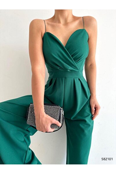 Genel Markalar Kadın Siyah Ithal Krep Kumaş Askılı Geniş Paça Tulum Elbise Ye...