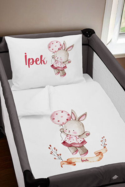 Homamia Isme Özel 75x120 Park Yatak Beşik Nevresim Takımı Balonlu Tavşan