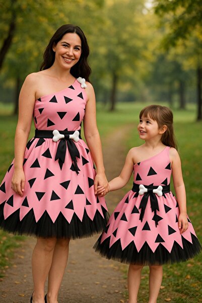 NA ADDESIGN ANNE KIZ PEMBE ÇAKIL ÇAKMAKTAŞ ELBİSE (SEPETE AYRI EKLENMELİDİR, FİYATLARI AYRIDIR)