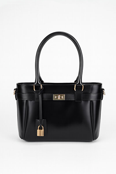 NOTHING Női fekete öv és zár díszítésű, cipzárral záródó kézi és válltáska, Lotus