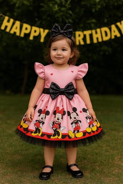 NA ADDESIGN Kız Çocuk Pembe Mickey Mouse Desenli Kabarık Elbise