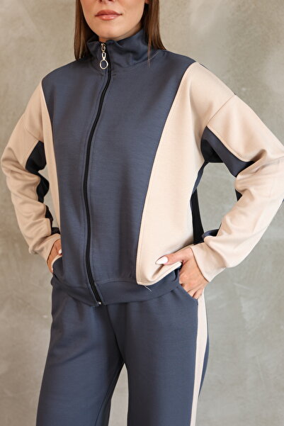 02Lady Fashion OVERSİZE GARNİLİ FERMUARLI GENİŞ PAÇA MODAL KUMAŞ EŞOFMAN TAKIM