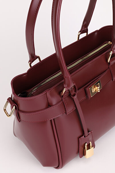NOTHING Women's Burgundy Hand and Shoulder Bag with Zipper Closure and Lock Charm Detail Lotus