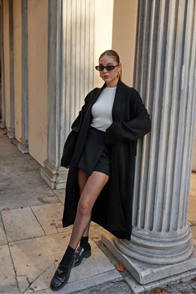 NATUFIAN STORE Γυναικείο μαύρο πλεκτό μακρύ πλεκτό παλτό με μαλακή υφή