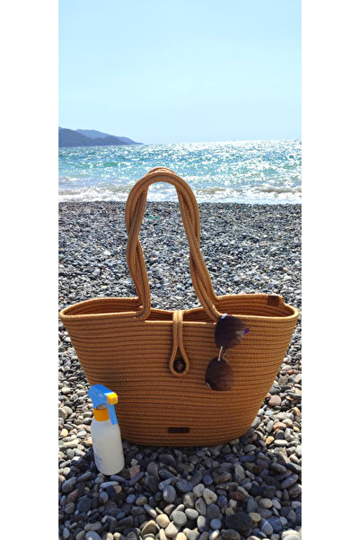 AZR HOME DESİGN Natural Jute Rope Handmade Gold Button Beach Bag