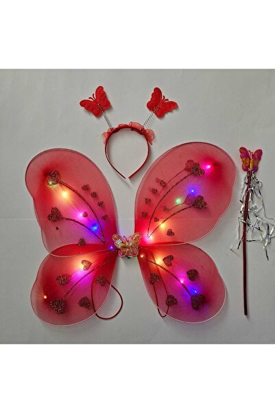 Beryka Kırmızı LED Işıklı Kelebek Kanat Seti - Taç ve Değnekli - Kız Çocuk Ko...
