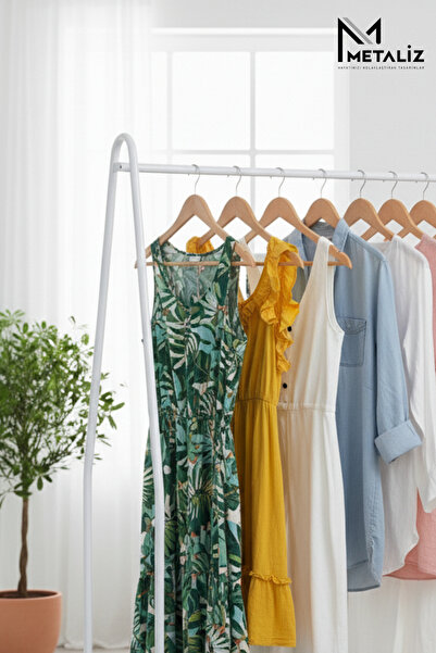 metaliz consept Oval Telli Beyaz Butik Stil Askılık Konfeksiyon Askısı Ayaklı Askılık Elbise Askılığı Portmanto