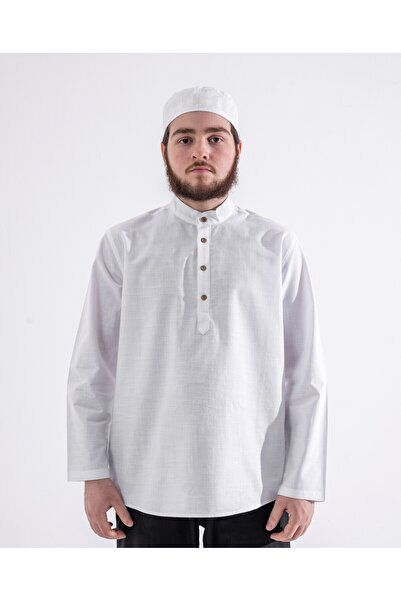 MAARİF GİYİM Erkek Hakim Yaka Uzun Kollu Yarım Pat Düğmeli Hac ve Umre Keten ...