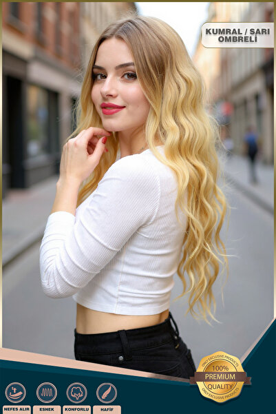 KONAK PERUK Fiber Sentetik Uzun Su Dalgası Peruk - Kumral / Sarı Ombreli