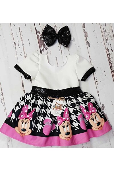 NA ADDESIGN Kız Çocuk Pembe Beyaz Mickey Mouse Kaz Ayağı Desenli Payet Detaylı Tüllü Elbise