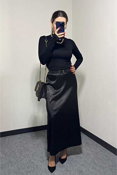 ECOTİQUE Kadın Siyah Saten Etek Lastikli Maxi Boy Uzun A Line Tesettür Etek 9...