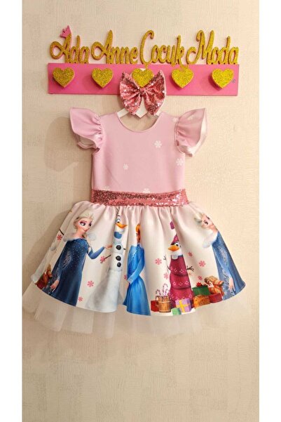 NA ADDESIGN Kız Çocuk Pembe  Elsa Karlar Kraliçesi Tüllü Kabarık Elbise