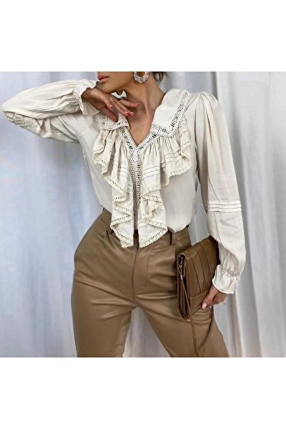 MELEK KOSTAK Kadın Bej Fırfır Bohem Güpür Dantel Detaylı Volanlı Pamuklu Bluz Gömlek