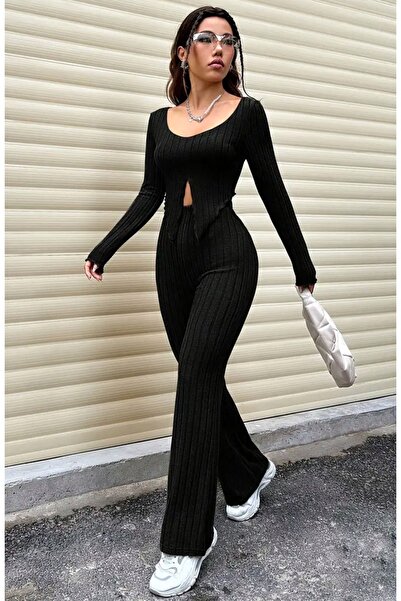 Wildco Set de pantaloni cu picioare largi spanioli, bluză din lycra cu mâneci lungi, cu decolteu rotund și cu deschidere în față pentru femei