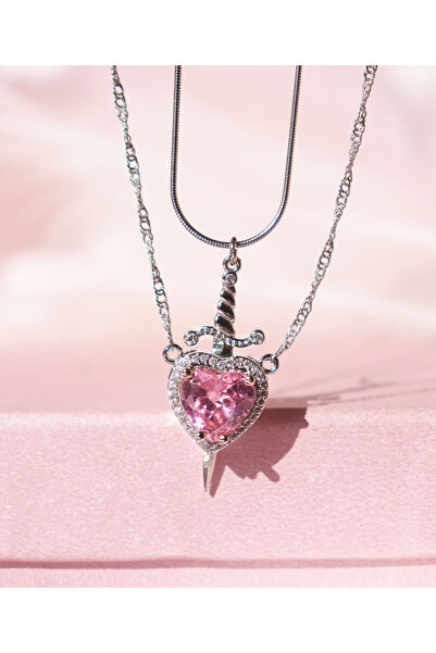 Yenress Collection Kalp Kılıç Pembe Taş Çift Kolyesi