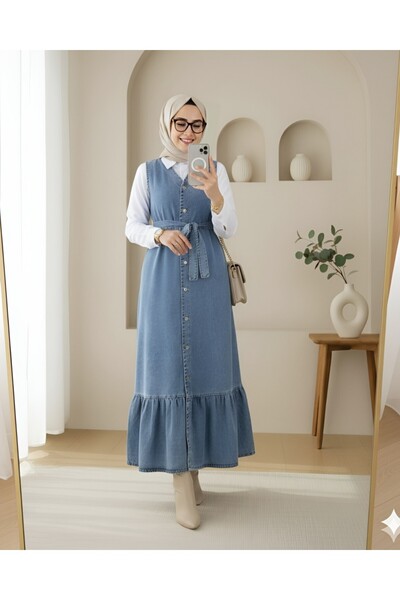 Modamorfo Beli Bağlamalı Önü Düğmeli Cepli Kot Jile -Buz Mavi