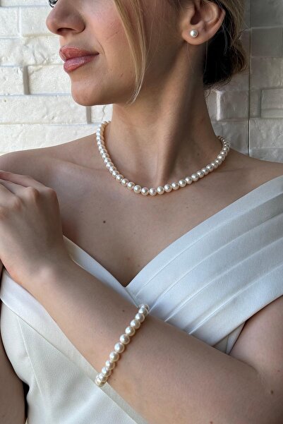 Birinci 14 Ayar Altın 8 mm Sıralı Doğal İnci Kolye Bileklik Küpe Üçlü Set